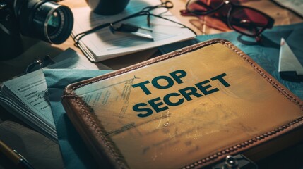 Top secret documents, Close-up yellow file with documents and Top Secret stamp on the table.
