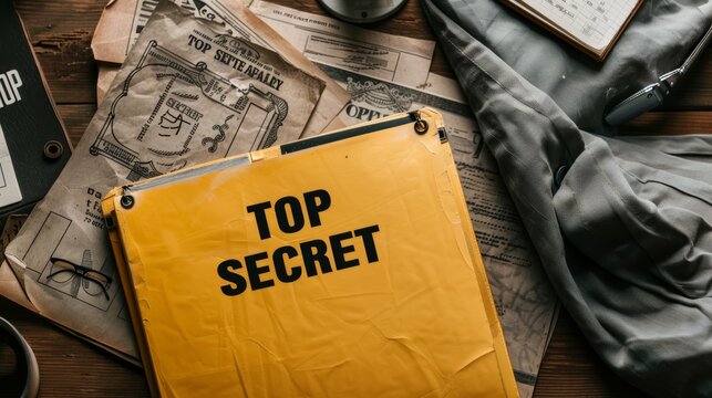 Top secret documents, Close-up yellow file with documents and Top Secret stamp on the table.