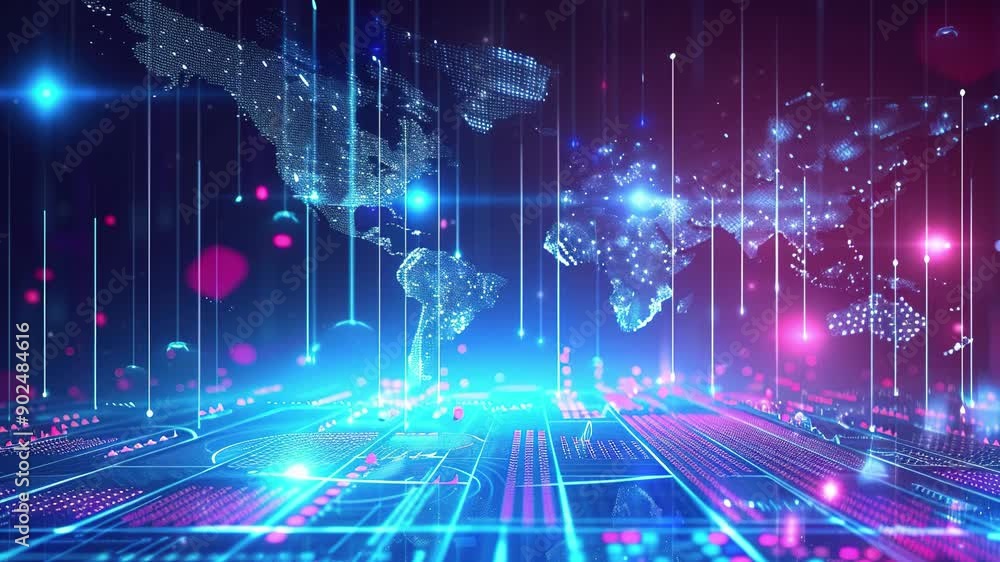 Poster digital technology background with holographic graphs and charts on a blue abstract cyberspace grid.