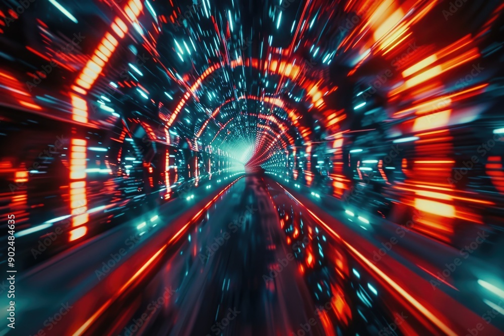 Poster a train moving through a tunnel filled with bright lights, suitable for use in illustrations related