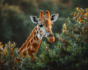 Obraz premium Graceful Giraffe Browsing Treetops in Serene African Savannah Landscape