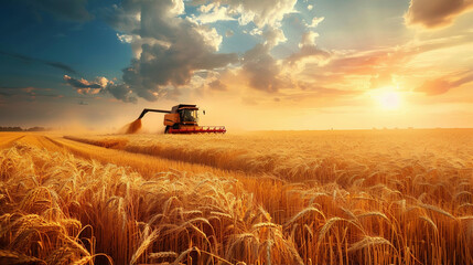 Fototapeta premium wheat field in sunset, commercial agriculture large scale grain harvesting with combine harvest, agricultural wheat farming, agriculture vehicles, combine 
