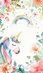 Invitation template with florals and flower, design for baby shower or birthday modern invitation with cute unicorns