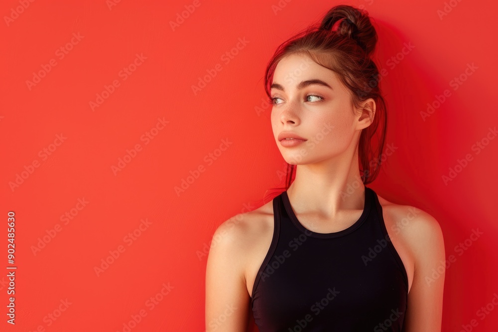 Canvas Prints A woman in a black top posing against a bright red background