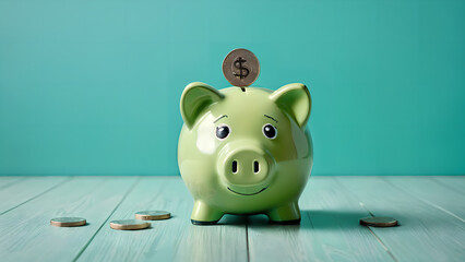 Piggy bank on floor concept for saving Green piggy bank isolated on a turquoise background