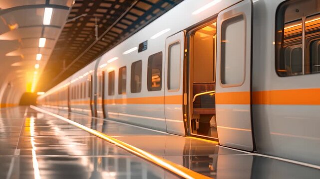 Modern high-speed train at a platform during sunset, reflecting bright warm light. Empty station with sleek architectural design.