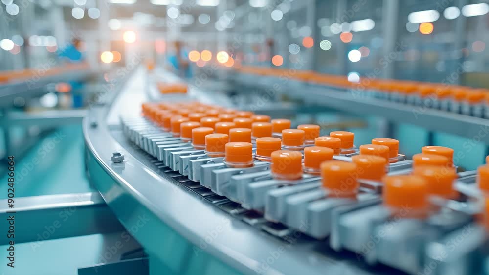 Poster automated bottling line in a modern factory, showcasing advanced technology and efficiency in indust