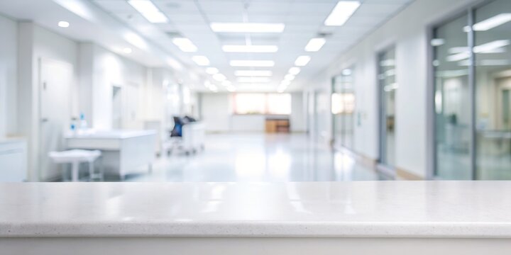 Front View of a Modern Hospital Reception Desk with Bright Medical Corridor in Background - Clean, Sterile Healthcare Environment Concept