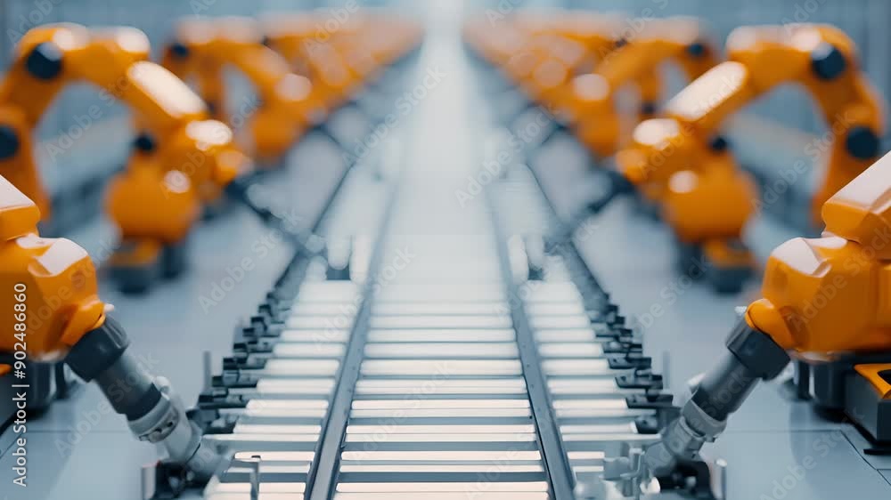 Poster rows of yellow robotic arms working on an automated assembly line in a modern factory, advanced robo