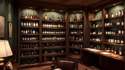 A medicine cabinet with many bottles and jars of various sizes and colors