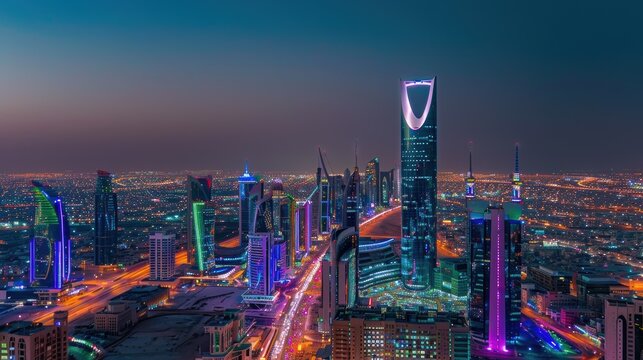 Nighttime Aerial View of Riyadh Skyline with Illuminated Skyscrapers