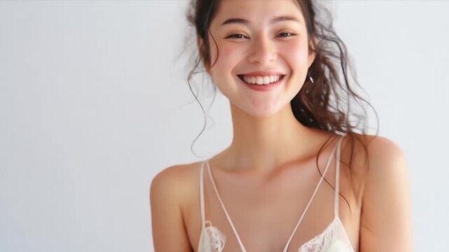 shot of an Asian girl with curly hair in white camisole pajamas, highlighting her bright eyes and genuine smile against the clean white background.