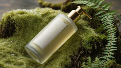 A Captivating Body Lotion Displayed on Dewy Moss and Delicate Forest Ferns