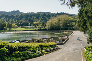 Azores - road to Sete Cidades, green landscape in Portugal, San Miguel