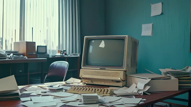 Vintage office scene with an old computer on a cluttered desk filled with papers and documents, conveying a retro and nostalgic vibe.