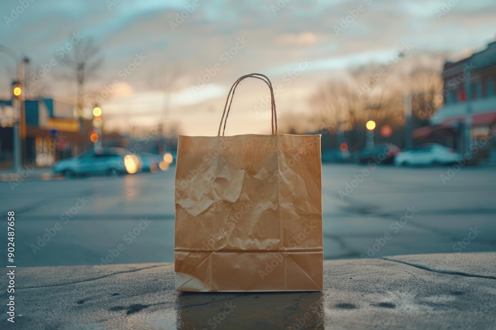 Poster a simple brown paper bag sits on top of a table