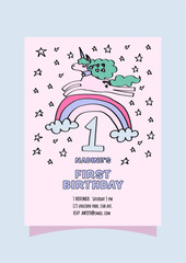 kid's 1st unicorn birthday party invitation card.