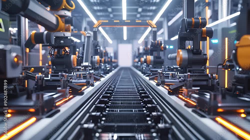 Poster robotic arms in an automated assembly line in a modern factory, showcasing advanced manufacturing te