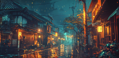 A beautiful evening scene of a Japanese city in Tokyo, depicted in an anime comic art style. Cozy, lo-fi Asian architecture lines the street, creating a charming town atmosphere.