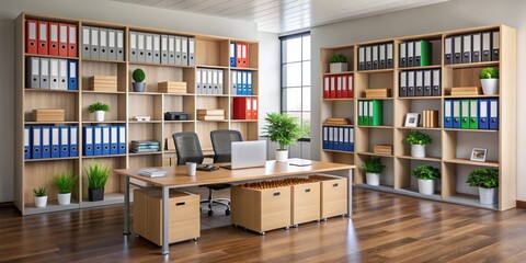 Modern Office Interior with Organized Shelves, Desk and Office Chairs - Vibrant Workspace with Plants and File Folders