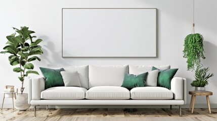 A White Sofa in a Modern Living Room with a Blank Canvas