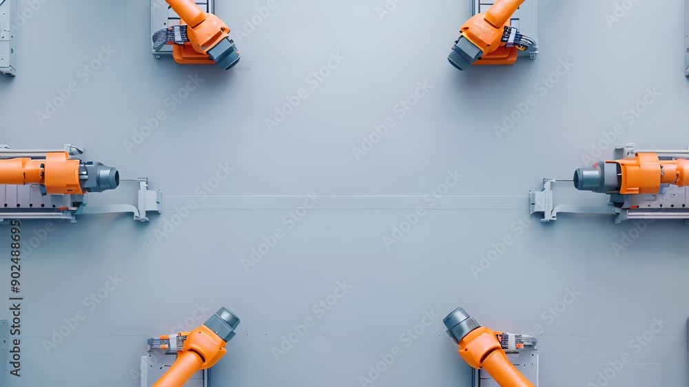 Poster top view of robotic arms in an automated assembly line factory. industrial robotics for modern produ