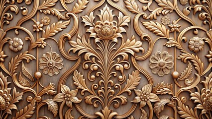Ornate Floral Wood Carving, Close Perspective, Detailed Gold Carved Patterns Against Wooden Background, Decorative Art