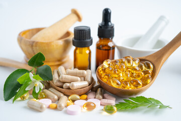 Alternative medicine herbal organic capsule with vitamin E omega 3 fish oil, mineral, drug with...