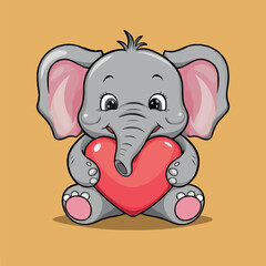 Cute cartoon of an elephant holding a heart hand drawn art Vector Icon Illustration