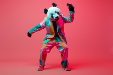 Obraz premium Freak in panda mask dancing, masquerade, absurd carnival, having fun in costume party, weird mask head