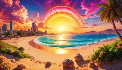 Obraz premium Surreal Sunset Beach with City Skyline and Ringed Sun.