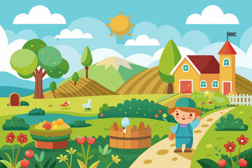 Children's Spring Landscape Vector Illustration - Cartoon, Clipart, Line Art Design