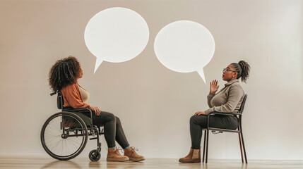 An African American woman in a wheelchair engages in a friendly conversation, highlighting inclusion and support. Ideal for promoting disability awareness, community engagement, and empowerment.