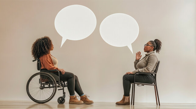 An African American woman in a wheelchair engages in a friendly conversation, highlighting inclusion and support. Ideal for promoting disability awareness, community engagement, and empowerment.