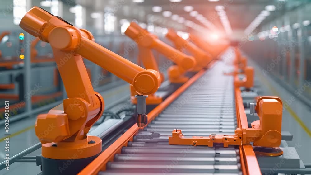 Poster automated robotic arms working on an assembly line in a modern factory, illustrating industrial tech