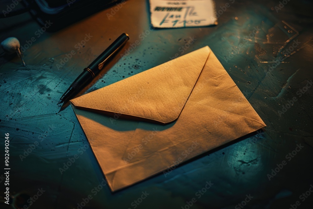 Poster a brown envelope placed next to a pen on a table, ideal for illustrations or designs related to comm