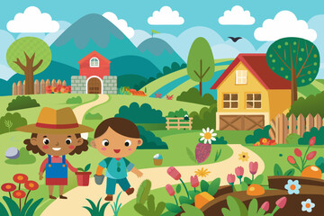 Children's Spring Landscape Vector Illustration - Cartoon, Clipart, Line Art Design