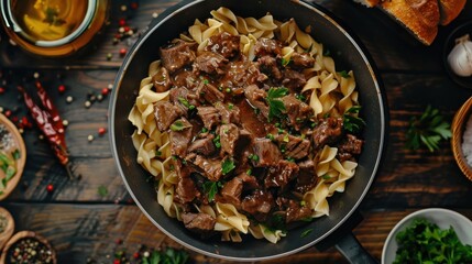 Beef Stew with Noodles and Parsley in a Black Skillet