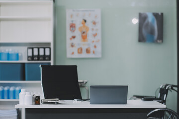 Health care billing statement with stethoscope, bottle of medicine for doctor's work in medical center stone background.
