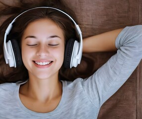Young woman in relaxing emotion, listening to happy music from her white earphone, enjoy peaceful music effects brain function, upbeat music for stress relief