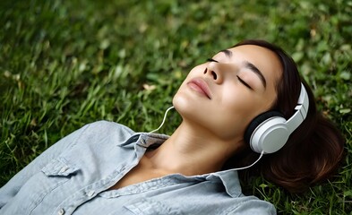 Young woman in relaxing emotion, listening to happy music from her white earphone, enjoy peaceful music effects brain function, upbeat music for stress relief