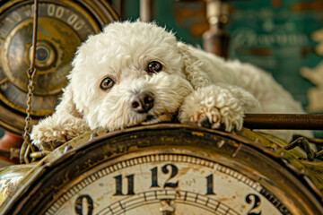 A cute dog relaxes on a vintage clock, bringing joy and showcasing companionships beauty