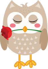 Cute owl holding a red rose
