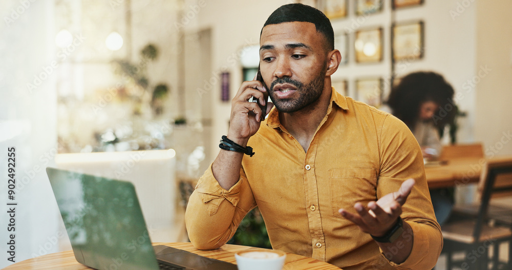 Aufkleber man, cafe and conversation on phone call with laptop for remote work as business consultant for comm