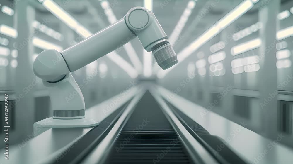 Poster industrial robotic arm in a modern factory setting, showcasing advanced automation and technology in