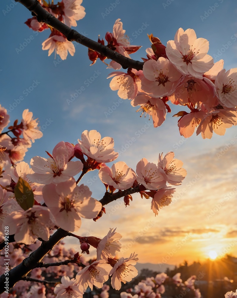 Wall mural cherry blossoms under sunset sky backgroundvertical background vertical shot