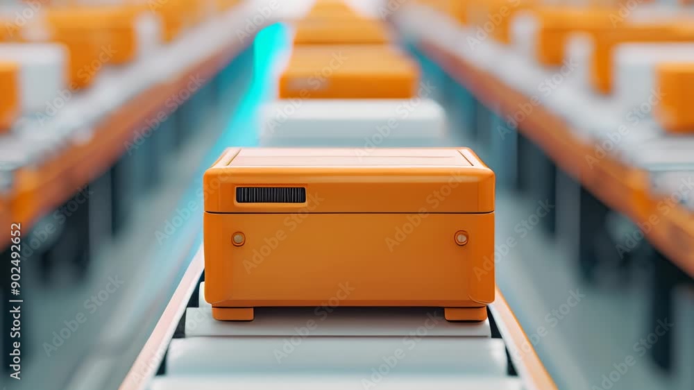 Poster automated warehouse system with conveyor belts moving boxes efficiently for storage and shipping. mo