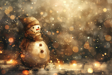 Fototapeta premium Cute Snowman with Scarf and Falling Snow