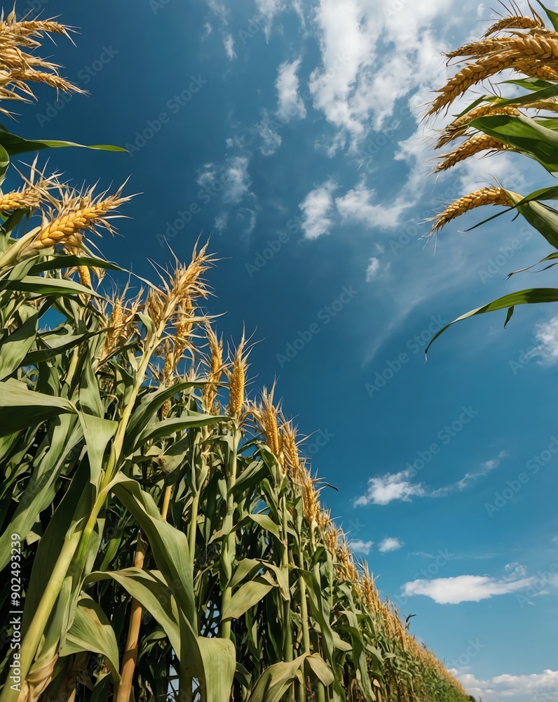 Poster cornfield under the blue sky backgroundvertical background vertical shot