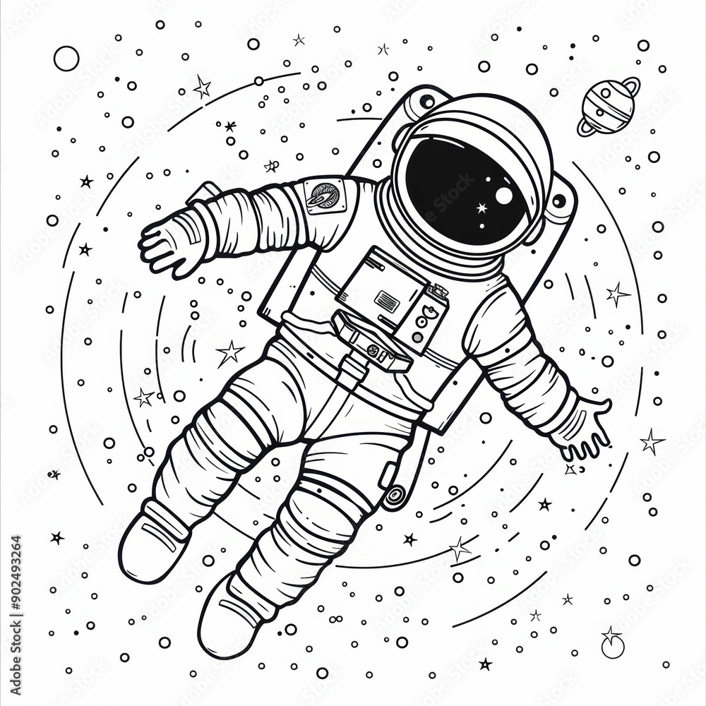 Poster astronaut floating in space with stars and a planet. coloring book line art design vector illustrati